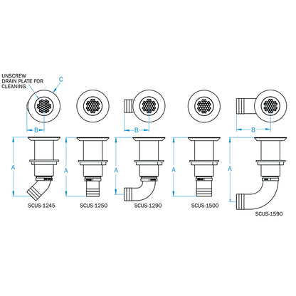 GROCO 1-1/4" Hose Barb Stainless 90 Degree Deck Drain  [SCUS-1290]
